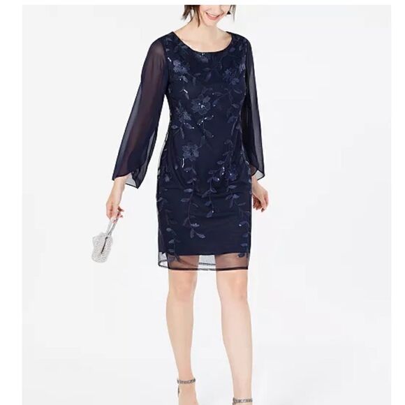 CONNECTED APPAREL Womens Navy Sequined Floral Long Sleeve Scoop Neck Dress New 4 - Picture 1 of 10